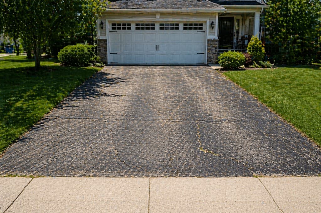 Cracked and weathered residential driveway before A-1 Asphalt Paving repair in Edison, NJ