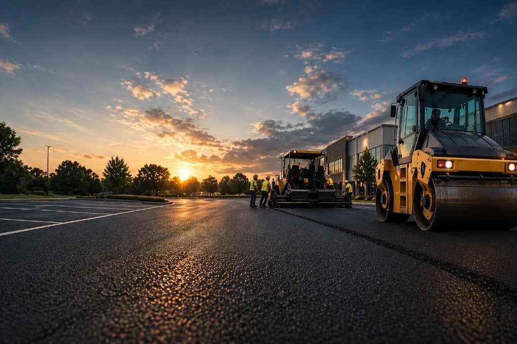 A-1 Asphalt Paving crew working on a commercial lot at sunset with a paver and roller