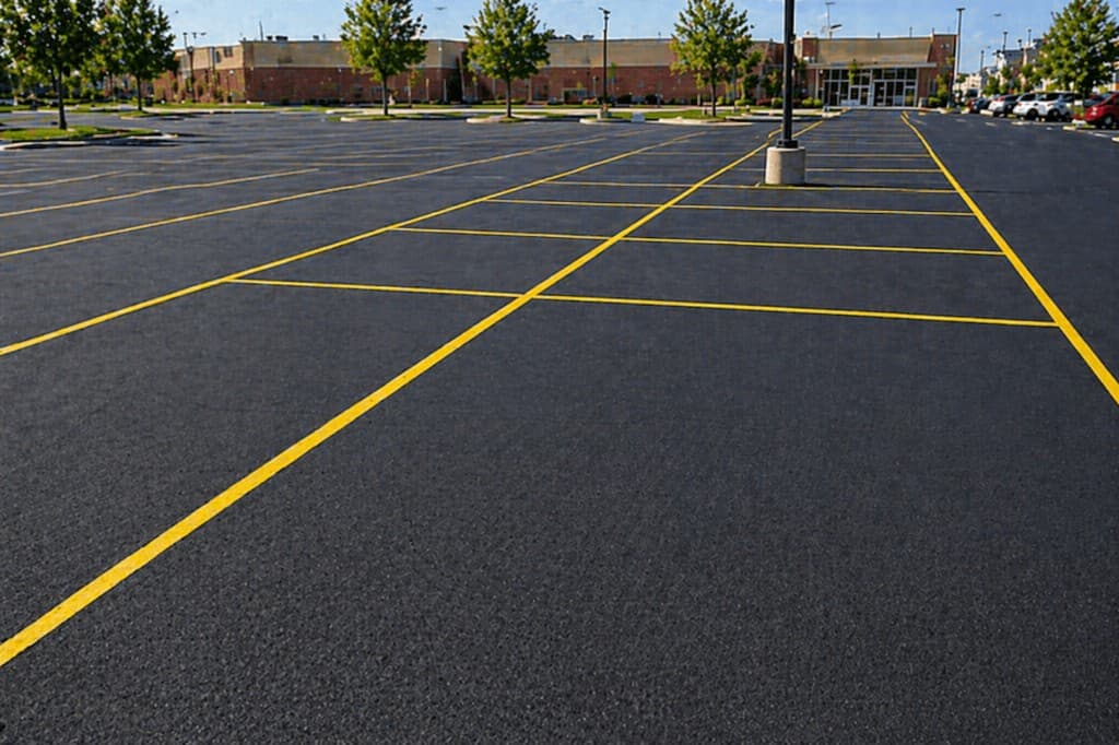 Freshly paved commercial parking lot with crisp yellow striping after A-1 Asphalt Paving in Woodbridge, NJ