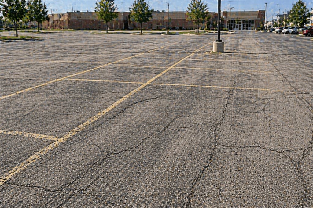Cracked and faded commercial parking lot with worn striping before A-1 Asphalt Paving repaving in Woodbridge, NJ