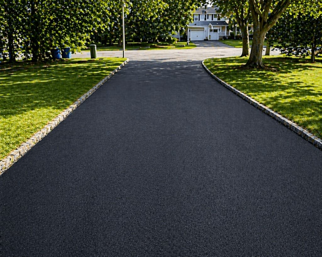 Smooth newly resurfaced asphalt driveway with Belgian block edging after A-1 Asphalt Paving in Piscataway, NJ