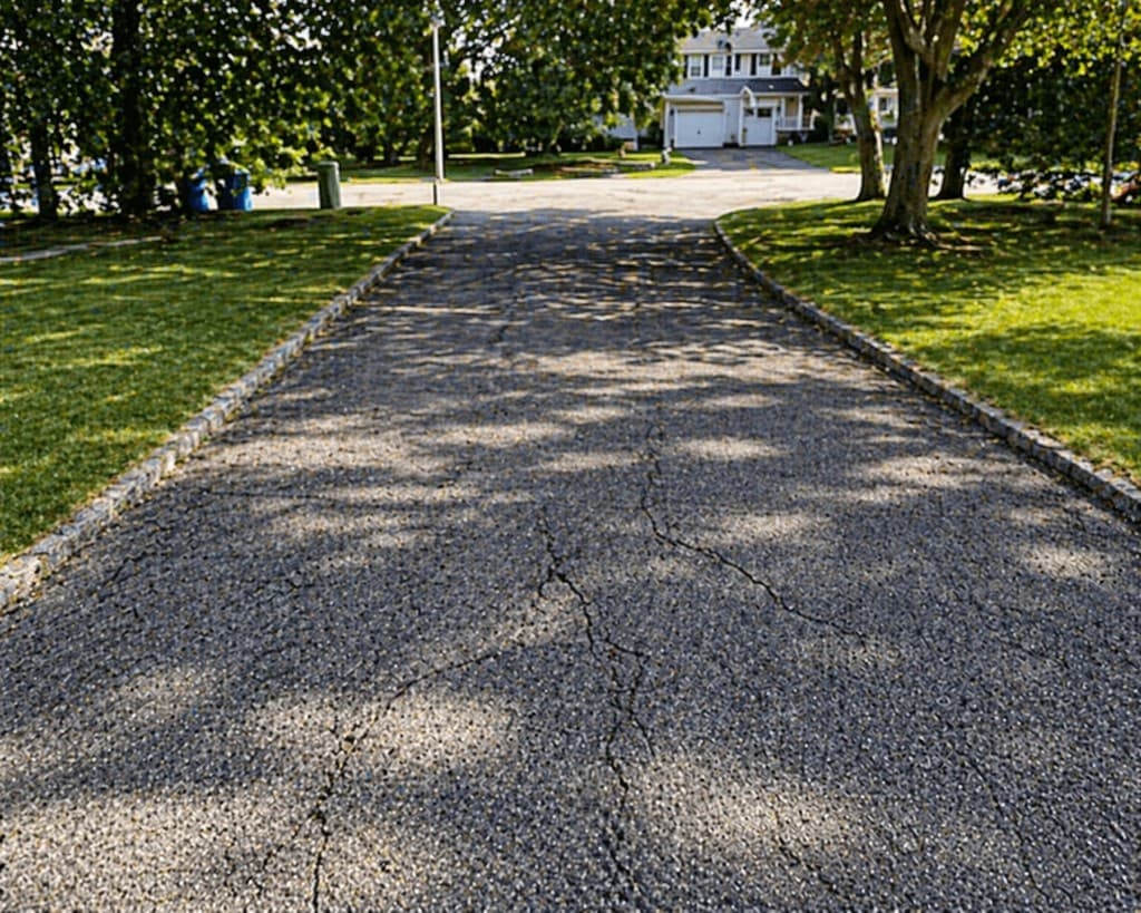 Cracked and faded residential driveway before asphalt resurfacing by A-1 Asphalt Paving in Piscataway, NJ